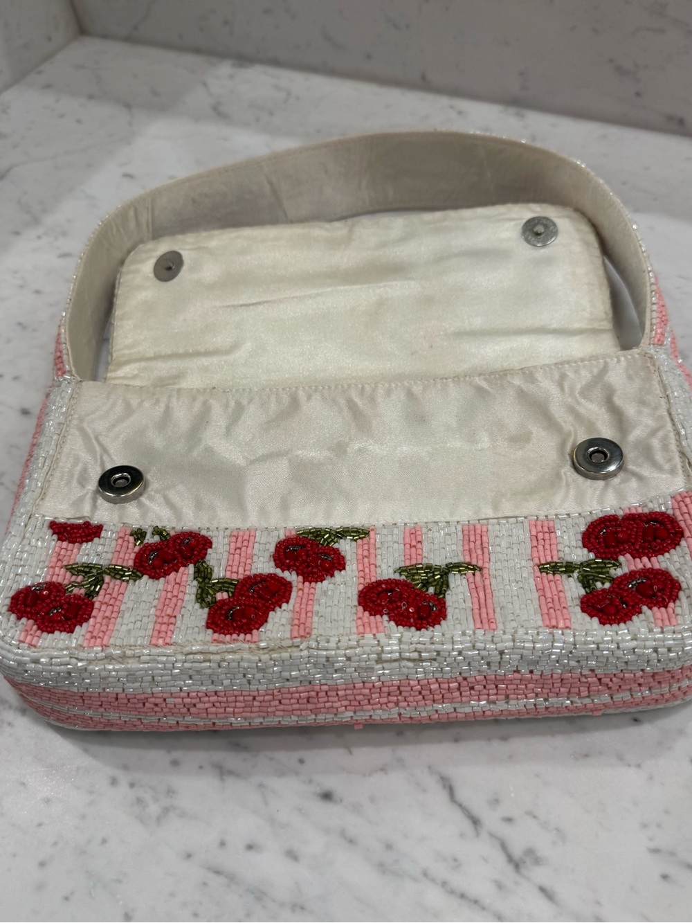 🍒Handcrafted in India Viral Beaded Cherry Shoulder Bag Cherries Pink Striped - Picture 6 of 13